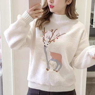 Oversized Mock Neck Deer Embroidered Fleece Top