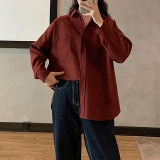 Lapel Plain Long-sleeve Shirt With Front Pocket
