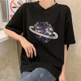 Elbow-sleeve Sequined Planet T-shirt