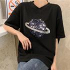 Elbow-sleeve Sequined Planet T-shirt