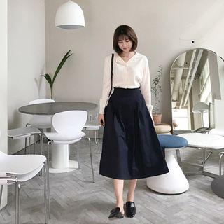 Pintuck A-line Long Skirt Dark Navy Blue - One Size