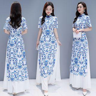 Short-sleeve Printed Maxi A-line Qipao Dress / 3/4-sleeve Printed Maxi A-line Qipao Dress
