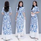 Short-sleeve Printed Maxi A-line Qipao Dress / 3/4-sleeve Printed Maxi A-line Qipao Dress