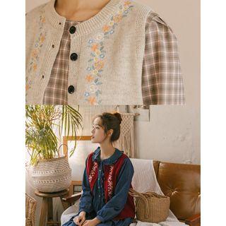 Flower-embroidered Wool Blend Knit Vest