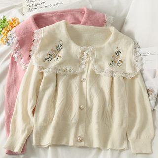 Embroidered Lace-trim Button-up Sweater