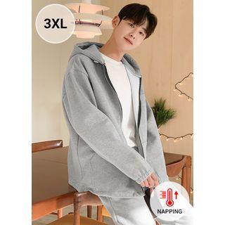 Letter-embroidered Napped Zip-up Hoodie