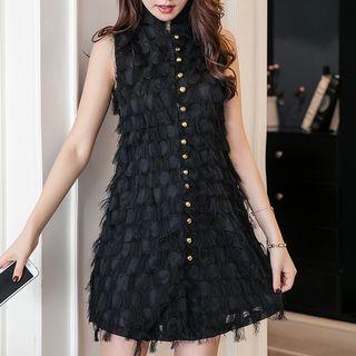 Sleeveless Stand Collar Feather Mini Shift Dress