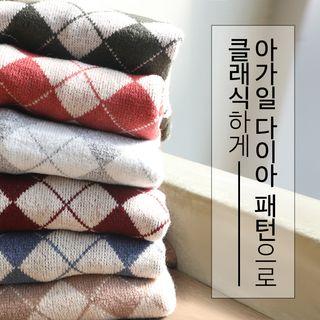 Drop-shoulder Argyle Patterned Sweater