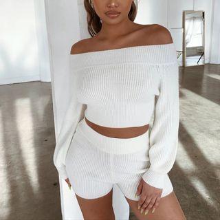 Set: Off-shoulder Cropped Sweater + Shorts