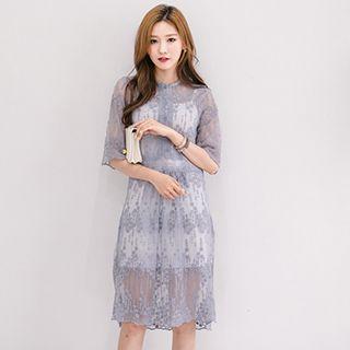 Set: Lace Short-sleeve Midi Dress + Slipdress