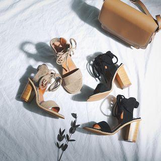 Block-heel Lace-up Velvet Sandals