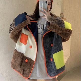 Paneled Fleece Jacket Gray & Yellow & Orange - One Size