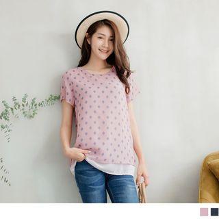 Mock Two Piece Dot Print Chiffon Top