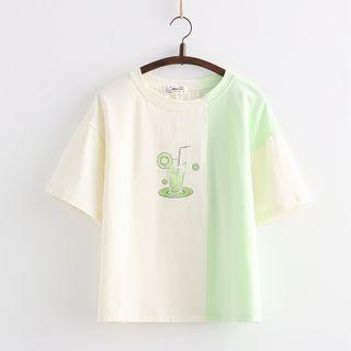 Short-sleeve Drink Print T-shirt White & Green - One Size