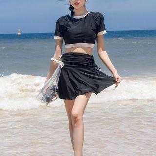 Set: Short-sleeve Open-back Swim Top + Swim Skirt