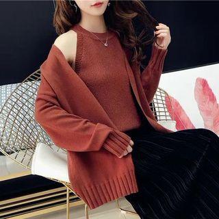 Set: Open Front Cardigan + Halter Knit Top