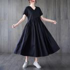Short-sleeve V-neck Plain Pleated Dress