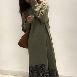 Long-sleeve Print Panel Midi Pleated Dress