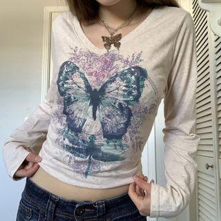 Butterfly Print V-neck Long Sleeve Top