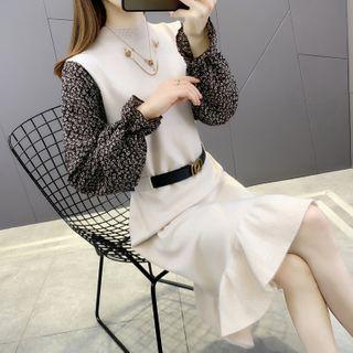 Long-sleeve Mock Two-piece Mock-neck Knit Midi Dress