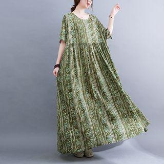 Short-sleeve Patterned Maxi Smock Dress Stripe - Green - One Size