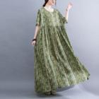 Short-sleeve Patterned Maxi Smock Dress Stripe - Green - One Size