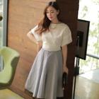 Set: Short-sleeve Bow-accent Top + Striped A-line Skirt