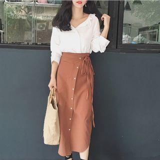 V-neck Blouse / Buttoned Midi Wrap Skirt