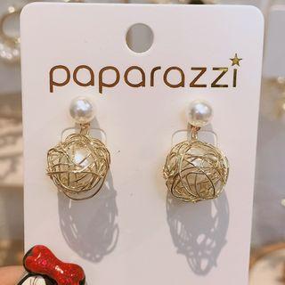 Wirework Faux Pearl Dangle Earring 925 Silver Needle - Gold - One Size