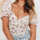 Floral Print Puff-sleeve Lace-up Blouse