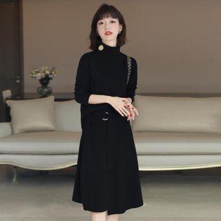 Set: Mock-neck Single-button Sweatshirt + Wrap A-line Skirt
