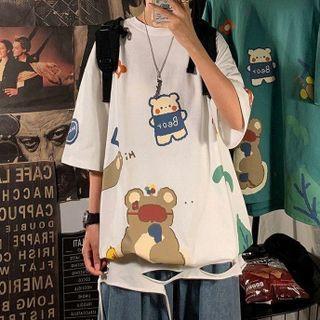 Elbow-sleeve Bear Print Distressed T-shirt
