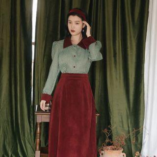 Set: Contrast Trim Houndstooth Blouse + Midi A-line Skirt