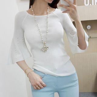 Perforated Elbow Sleeve Knit Top