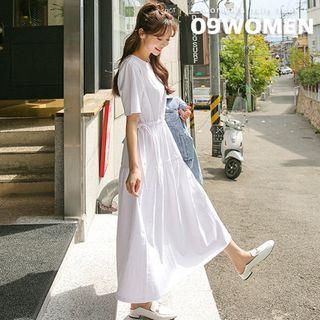 Plus Size Drawstring-waist Shirred Long Dress