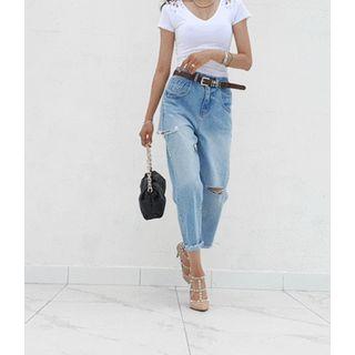 Washed Slit-detail Tapered Jeans