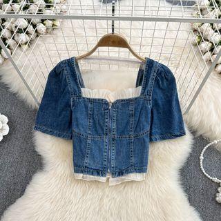 Short Sleeve Frilled Denim Crop Shirt