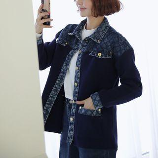 Denim Yoke Knit Shirt Jacket Navy Blue - One Size