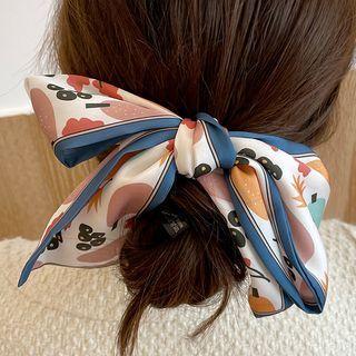 Floral Print Narrow Scarf Hair Tie Blue & Pink & White - One Size