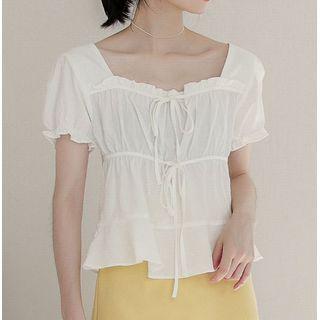Short-sleeve Square-neck Ruffled Trim Plain Blouse White - One Size