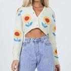 Flower Print Cropped Cardigan Flower - Yellow & Blue - One Size