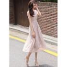 Sleeveless Lace-trim Belted Long Dress