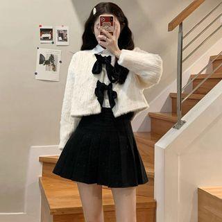 Long-sleeve Shirt / Fluffy Bow-front Cropped Jacket / Pleated Mini A-line Skirt