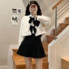 Long-sleeve Shirt / Fluffy Bow-front Cropped Jacket / Pleated Mini A-line Skirt
