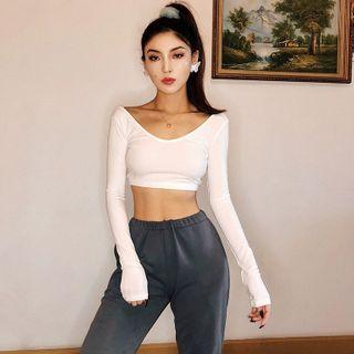 Cropped Wide-neck Long-sleeve T-shirt