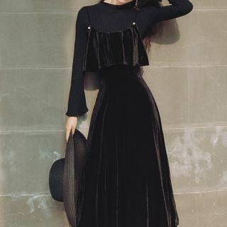 Set: Long-sleeve Knit Top + Midi A-line Velvet Pinafore Dress