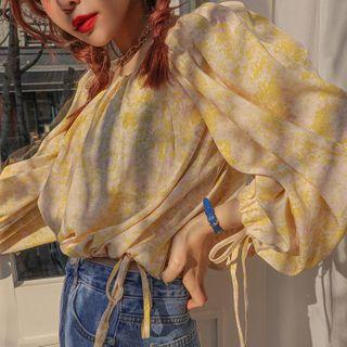 Long-sleeve Floral Print Square-neck Blouse