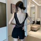 Rhinestone Open Back Sleeveless T-shirt Black - One Size