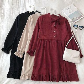 Plain Lace-up Corduroy Flare-sleeve Dress