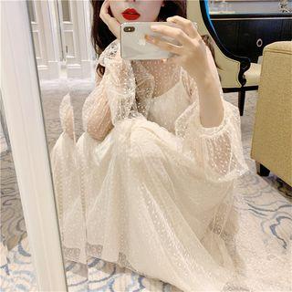 Plain Loose-fit Long Coat / Set: Lace Long-sleeve Dress + Slipdress